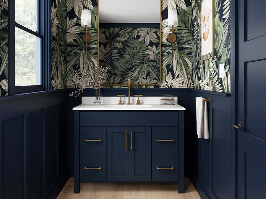 Gorgeous moody bathroom with dark blue vanity