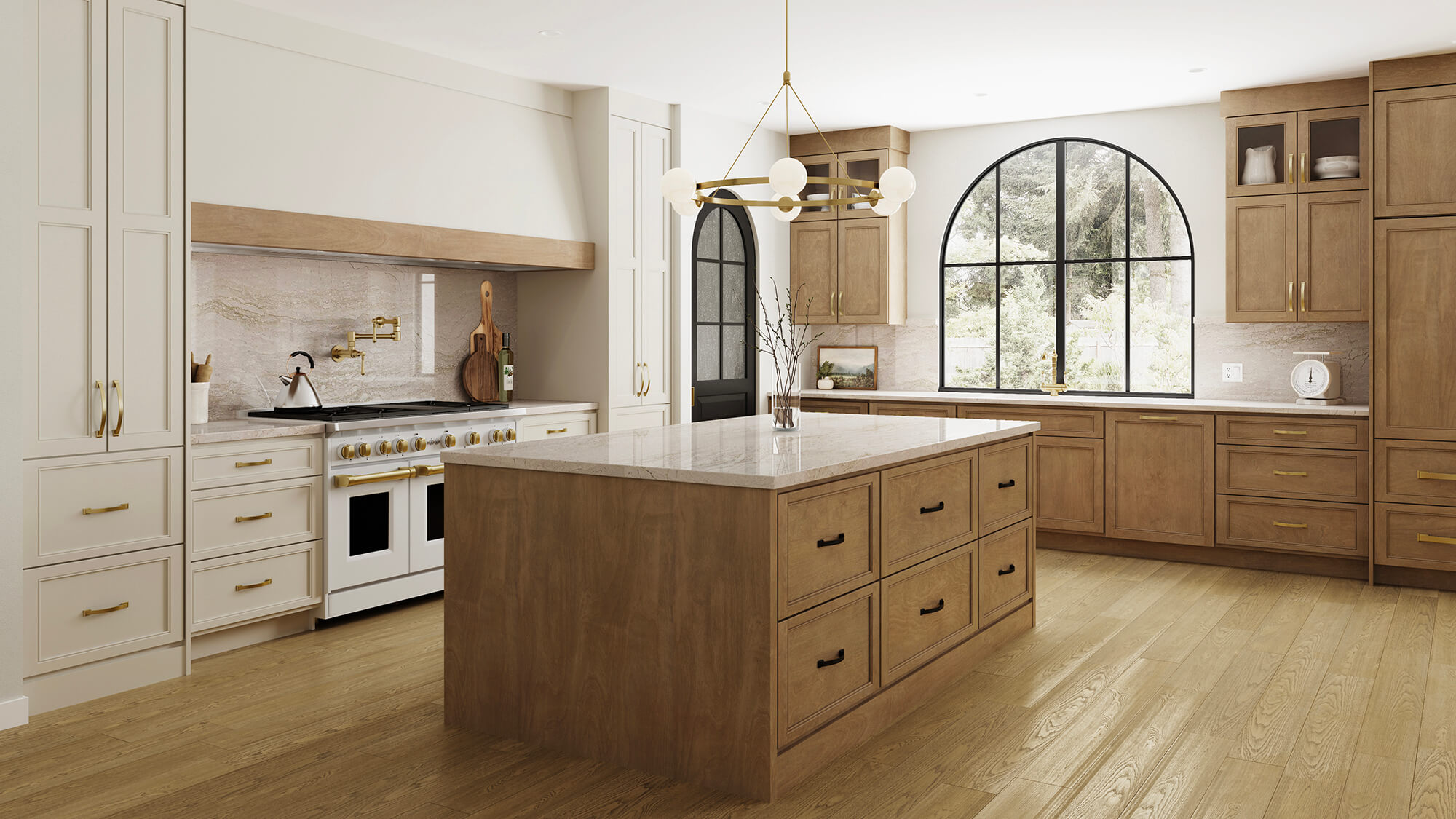 Large island in neutral colored kitchen.