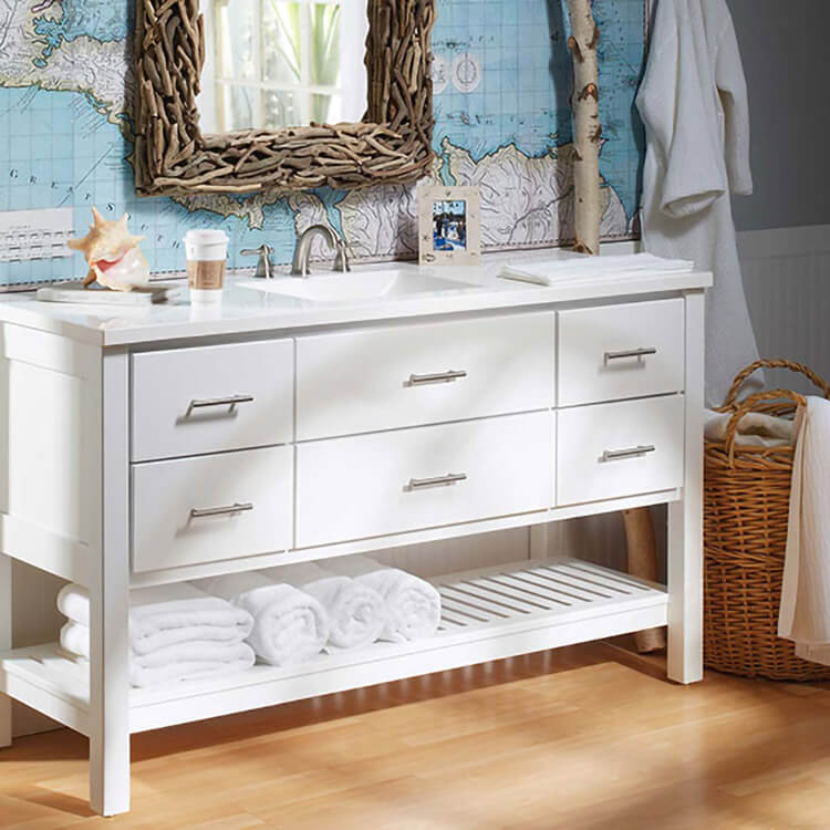 White furniture style bathroom vanity.