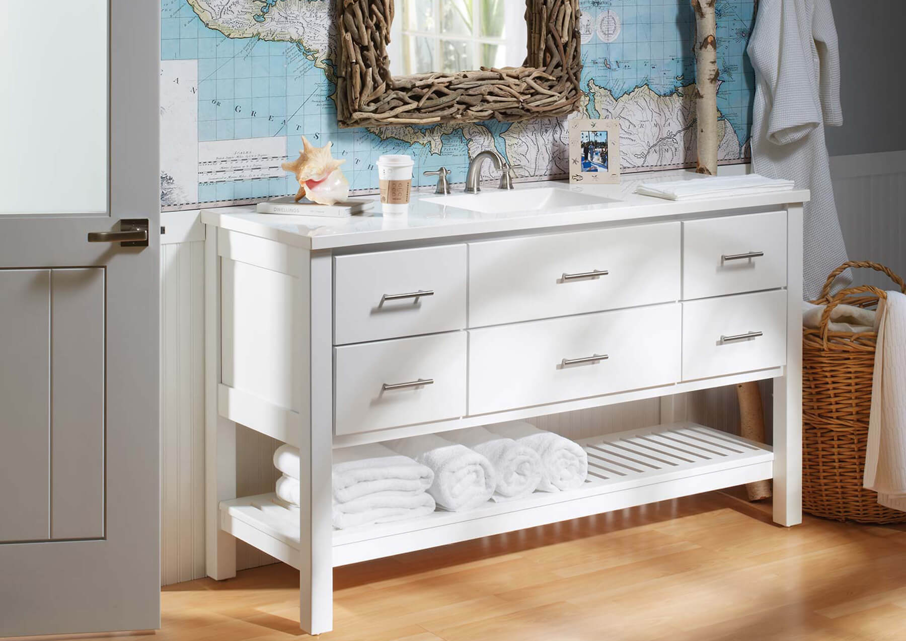 White furniture style bathroom vanity.