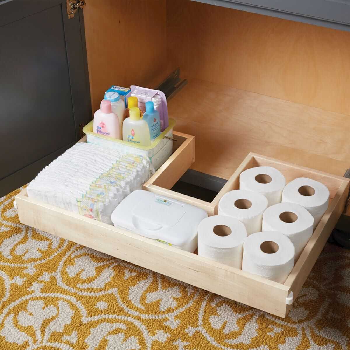 Bathroom vanity under sink pull-out storage.