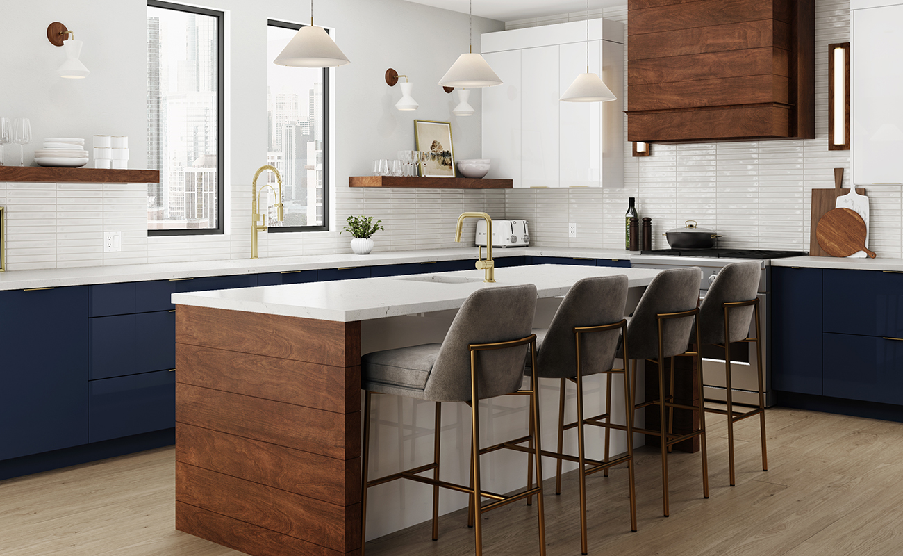 A contemporary kitchen design with modern glossy acrylic cabinets in a navy blue and white contrasted by rich, warm stained shiplap details on the kitchen island and box wood hood.