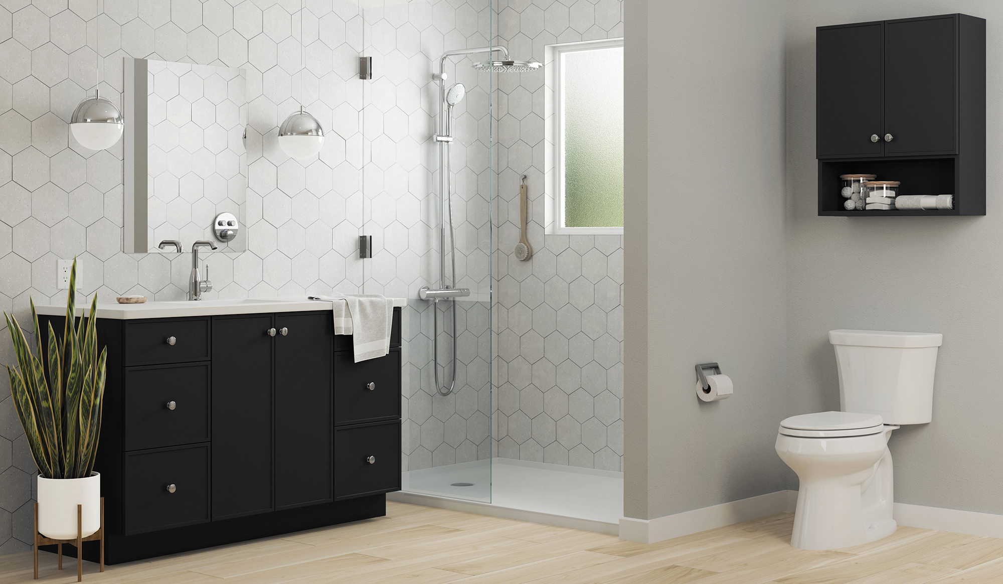 A black and white bathroom design with black painted bathroom furniture from Bertch.