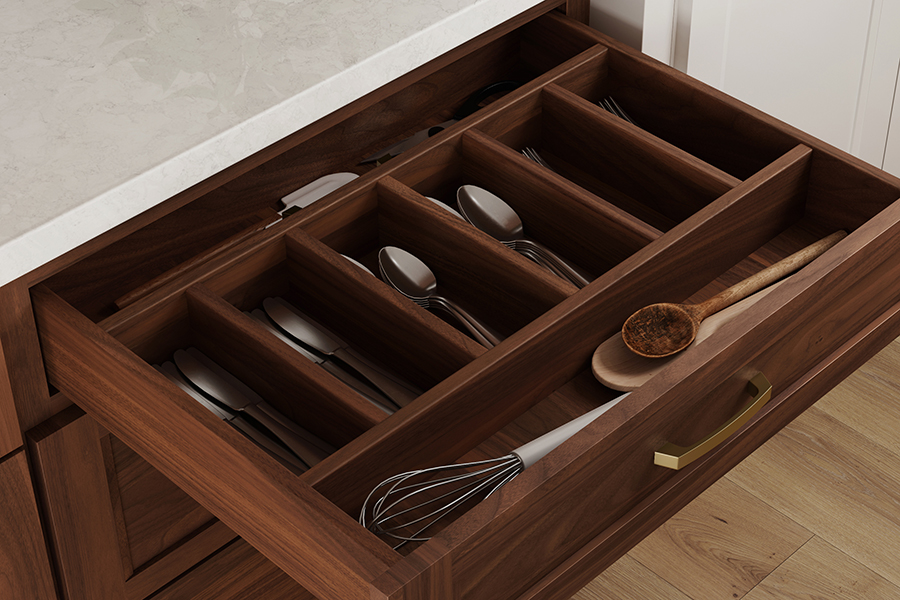 A popular cabinet storage option, the Cutlery Divider Drawer, shown with a walnut drawer box.