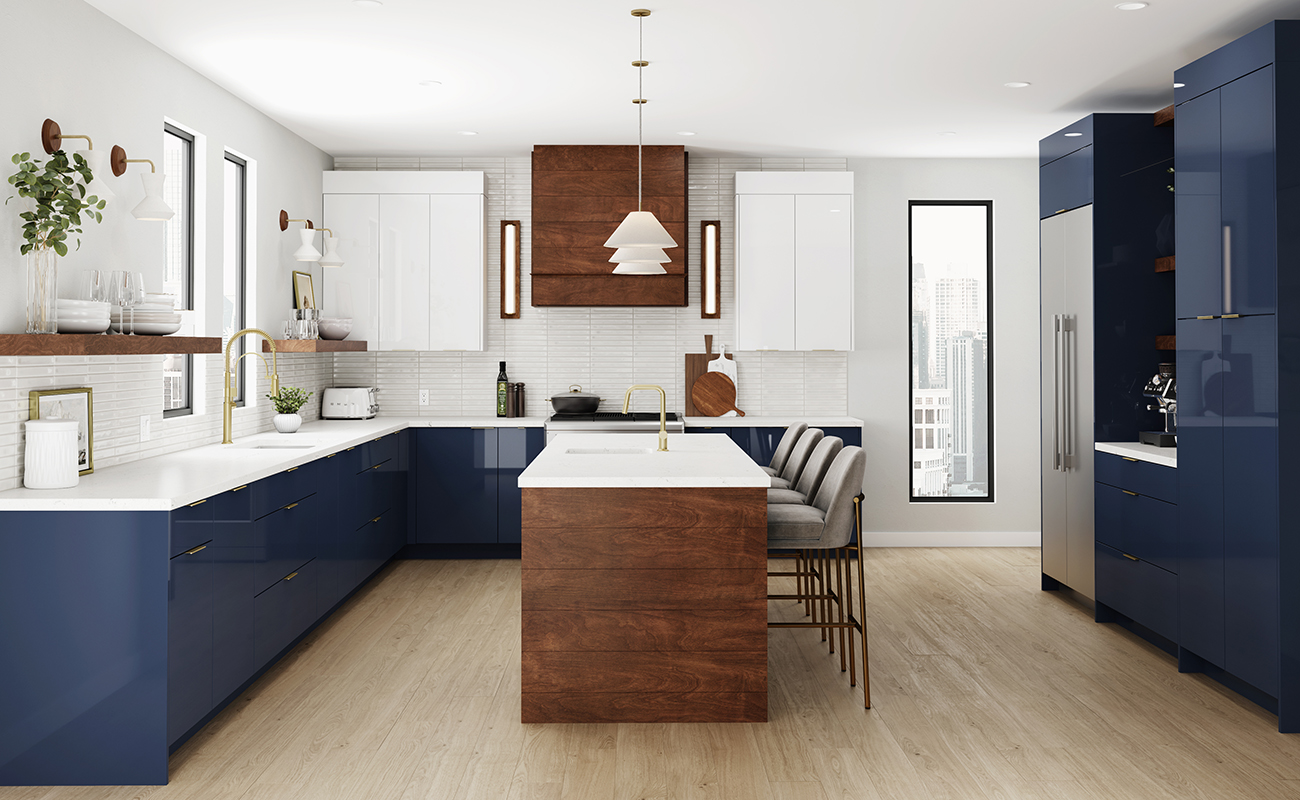 An ultra-modern navy blue and bright white kitchen design with sleek, contemporary slab cabinet doors and frameless construction. The center of the kitchen features a shiplap island and wood hood with a rich brown stain.