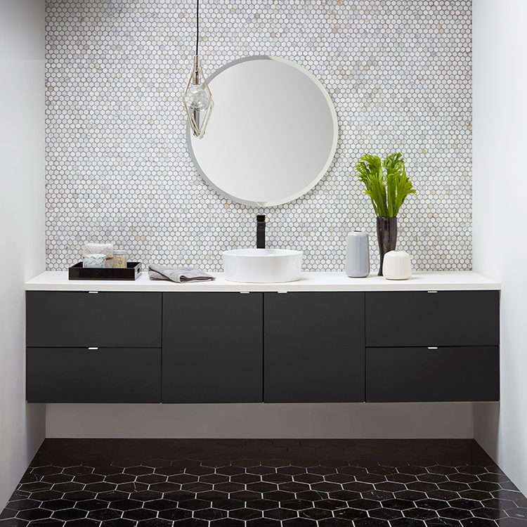 Contemporary Bathroom Design with a black floating vanity.