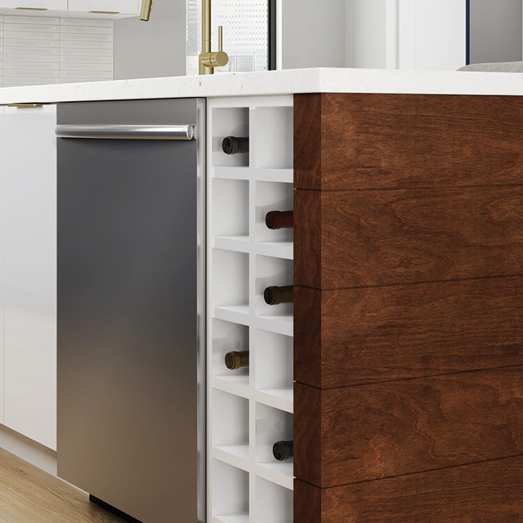 Contemporary kitchen island with dishwasher and wine storage