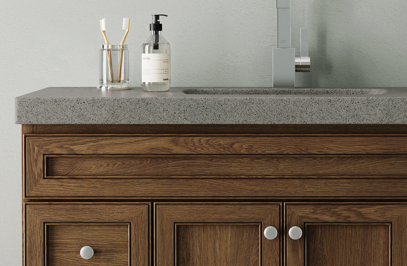 A close up of a bertch vanity with a coordinating vanity top showing a thick countertop option.