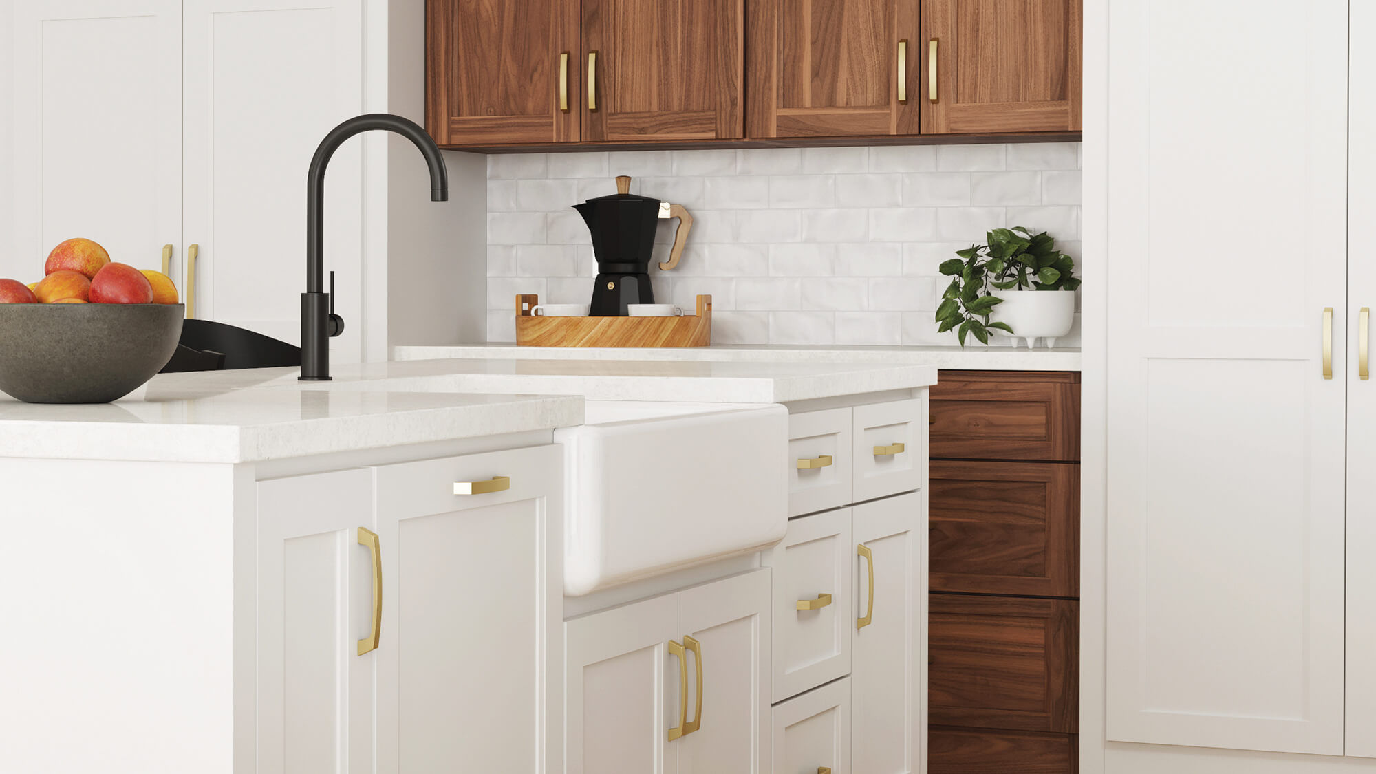 White kitchen with natural walnut and farmhouse sink.