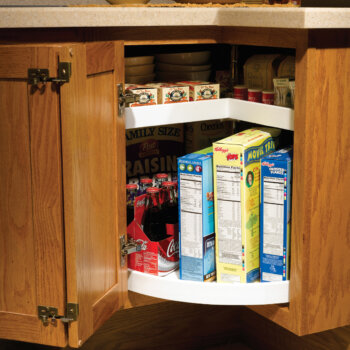 Make the most of your corner cabinet space with rotating, circular, Lazy Susan shelves that allow easy access to items stored in the back.