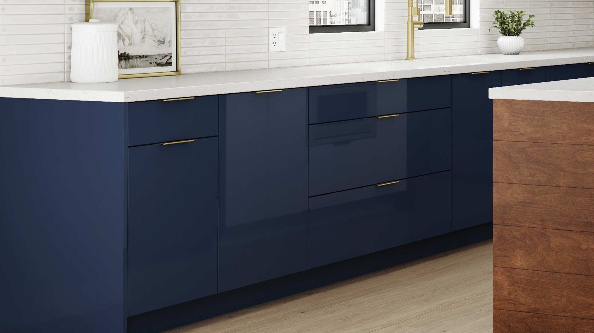 Glossy acrylic cabinets with a high-gloss finish in a contemporary kitchen design.