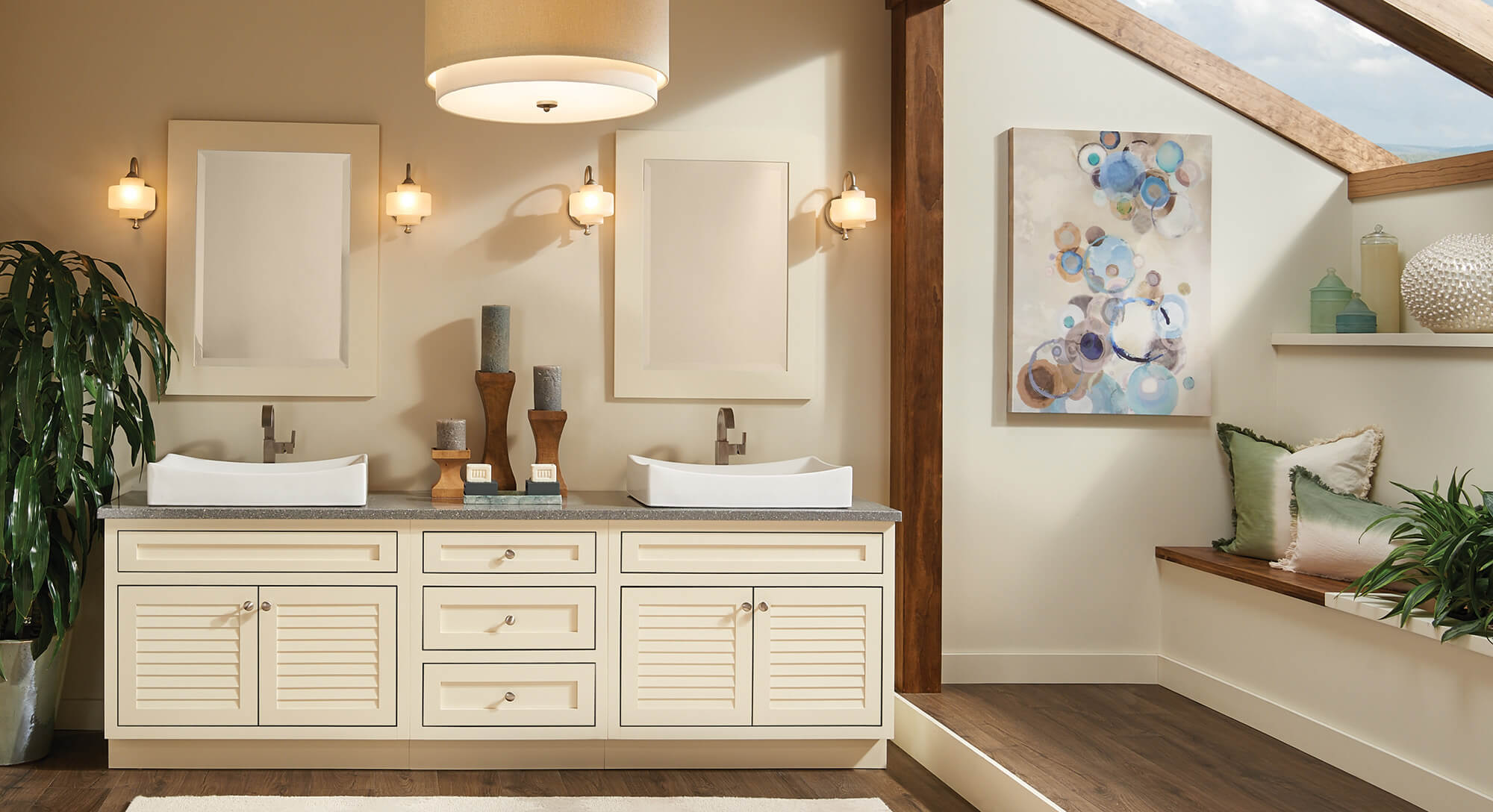 Large master bathroom design with eggshell white painted double sink vanity.