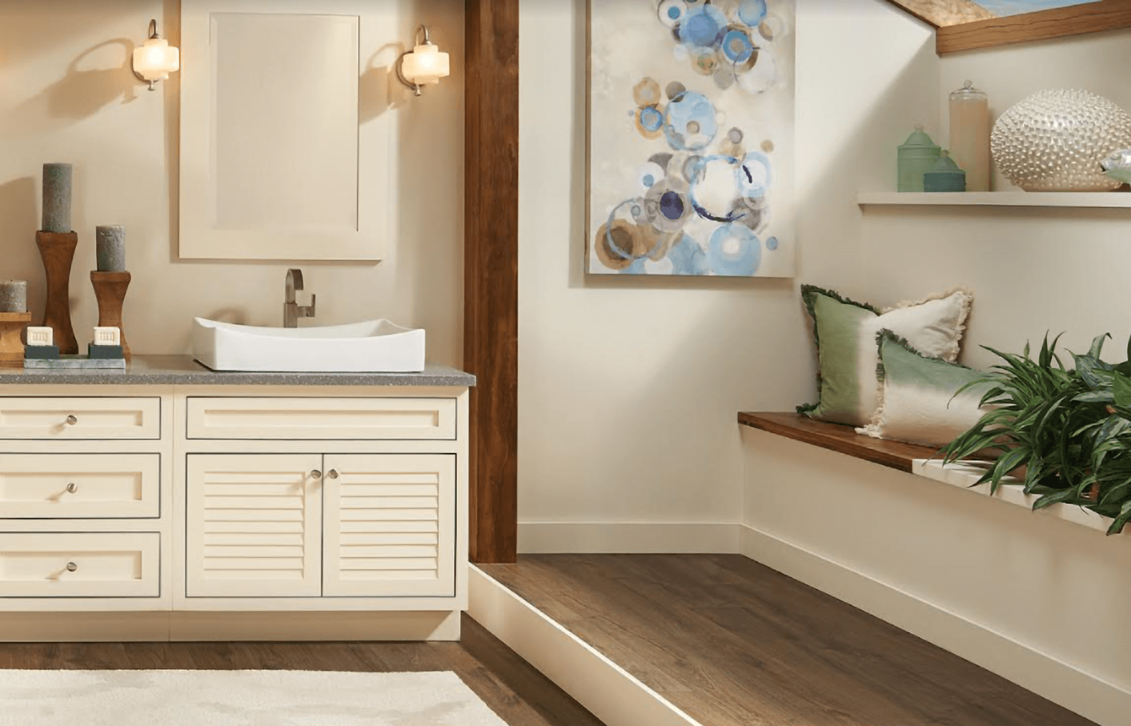 A tropical master bathroom with off-white, eggshell painted cabinets.