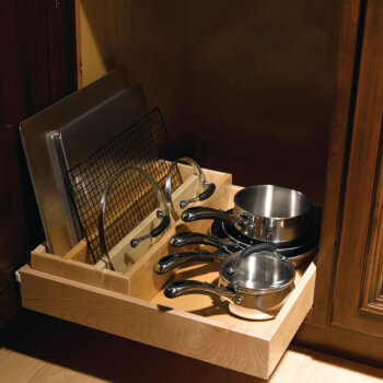 Bertch's Lid Storage Insert store pots, pans, baking sheets, and lids all in one accessible roll-out tray.