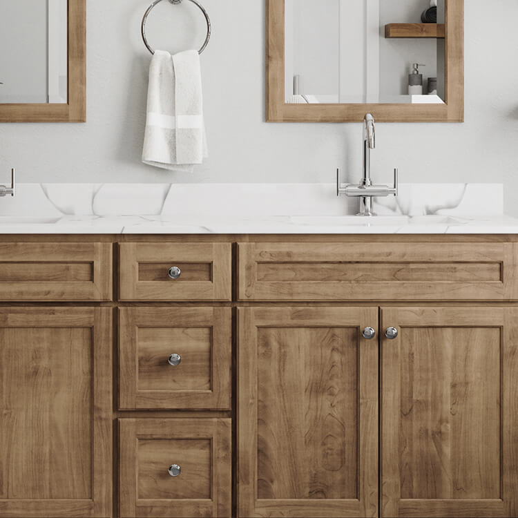 Light wood cabinet options shown on a bathroom vanity.