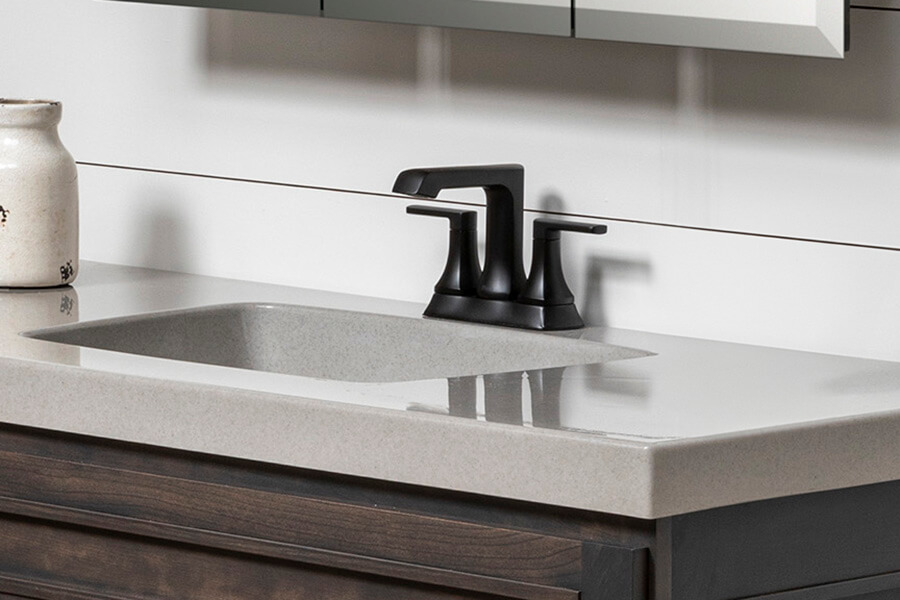 A detailed angle of a light gray vanity top from the Bertch Bath product line.