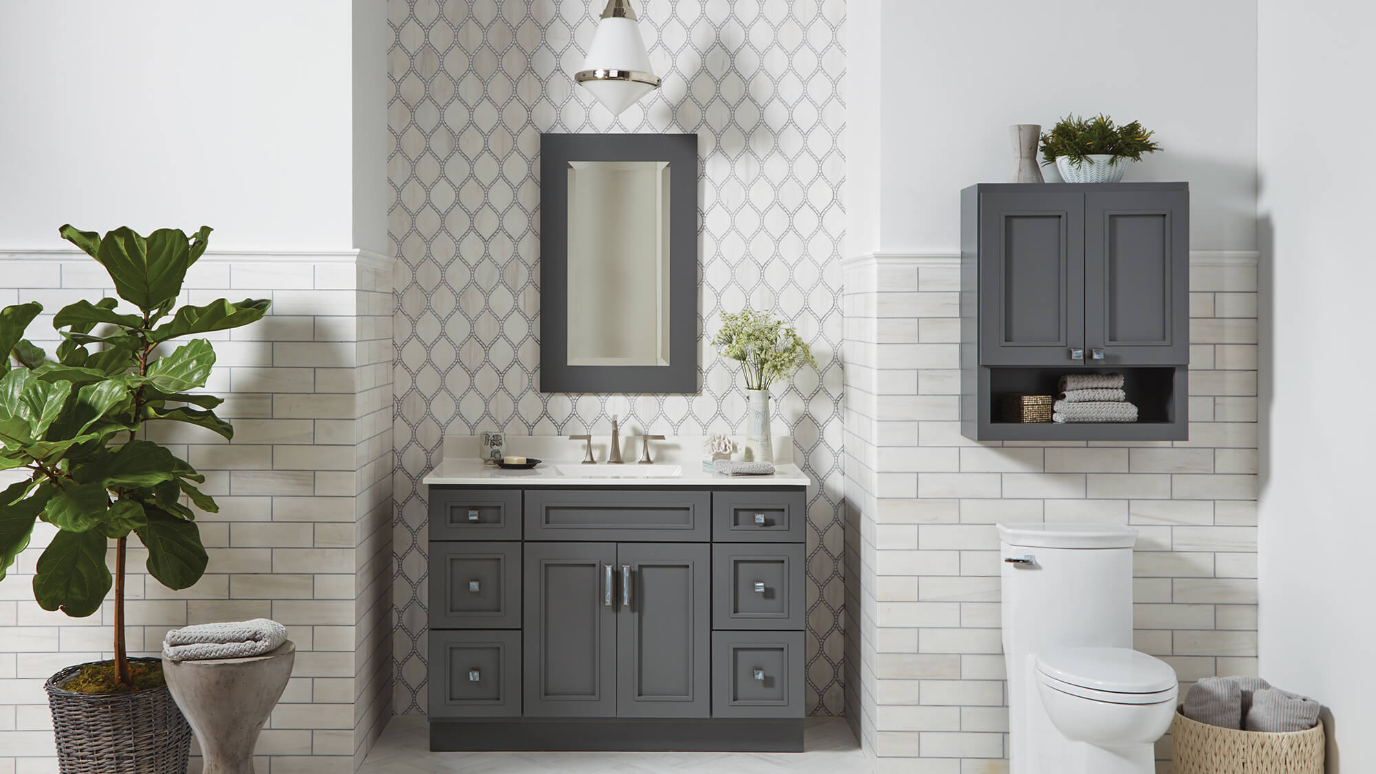 Dark grey bathroom vanity.