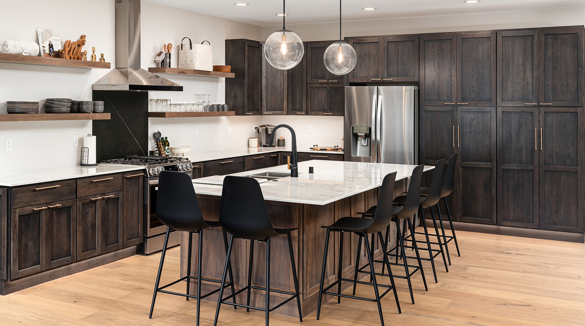 Dark stained wood cabinets.