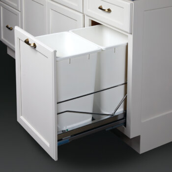 Our recycle center cabinet with a drawer above offers convenient storage to tuck away waste and/or recycling.