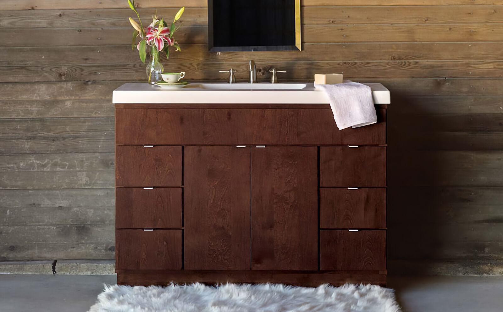 Riverside style vanity in birch wood with brindle finish.