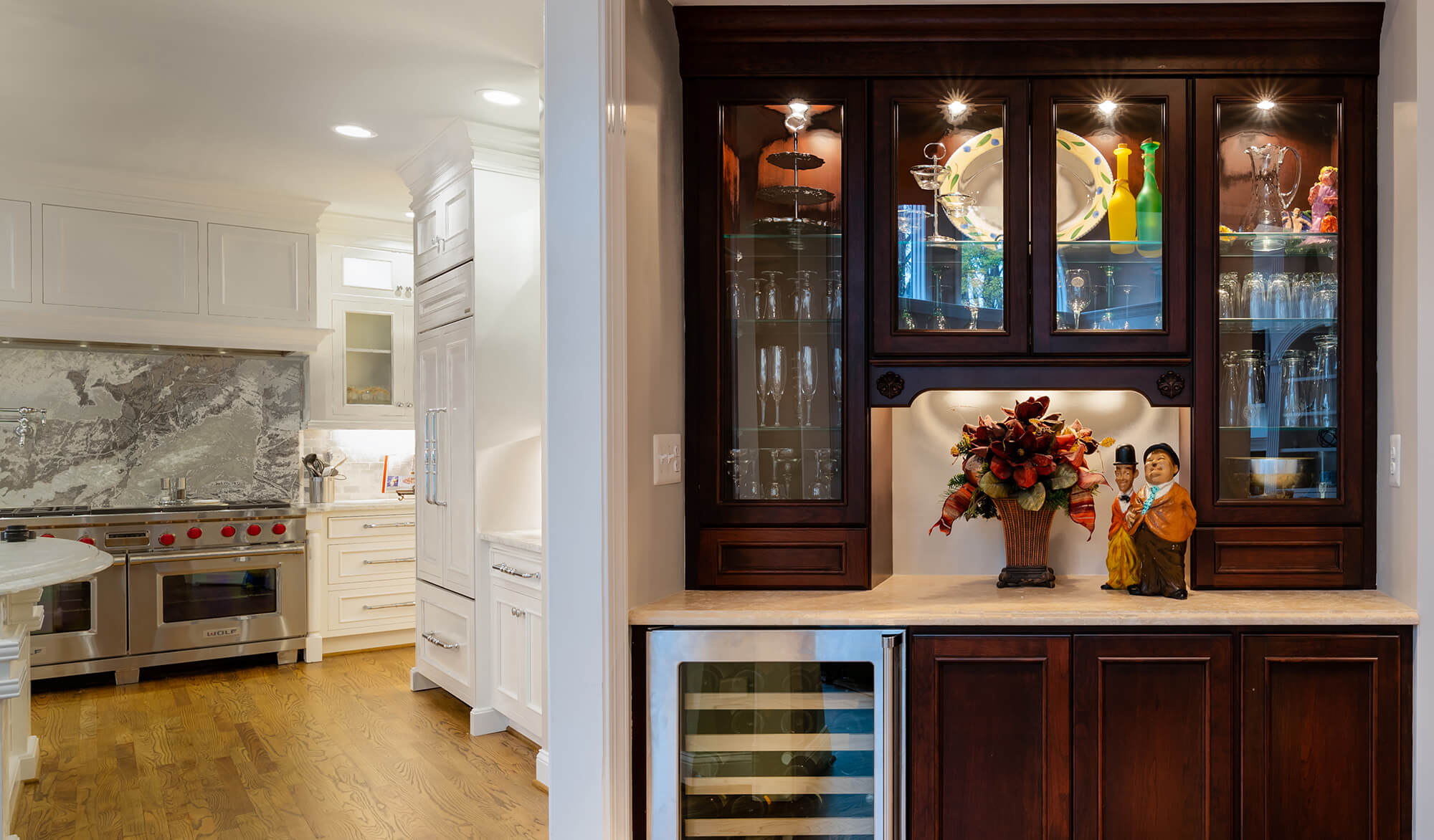 A classy wet bar nook off of the kitchen for entertaining guests.