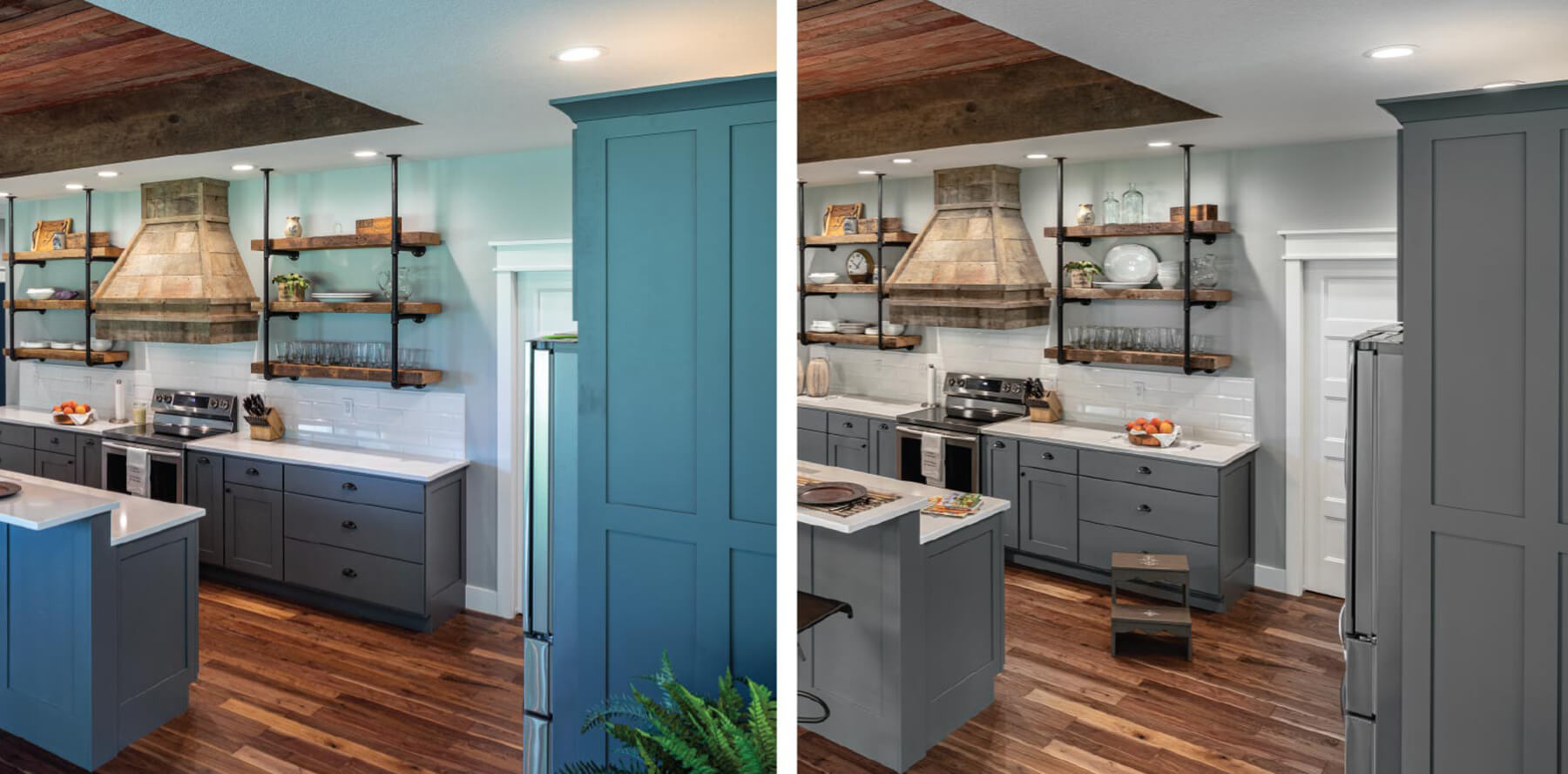 Comparing kitchen lighting and cabinet color.