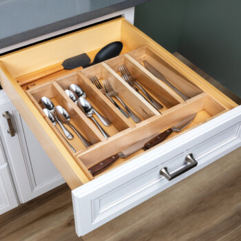 Organize cutlery and silverware within the same drawer with Bertch's Cutlery Tray kitchen drawer storage accessory.