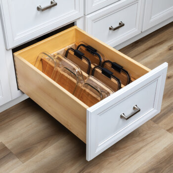 A Lid Storage Insert from Bertch helps keep lids for containers, pans, and more organized in neat vertical stacks. 