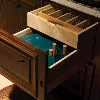 This storage accessory from Bertch Cabinet keeps your dishes from sliding while opening and closing cabinet drawers.