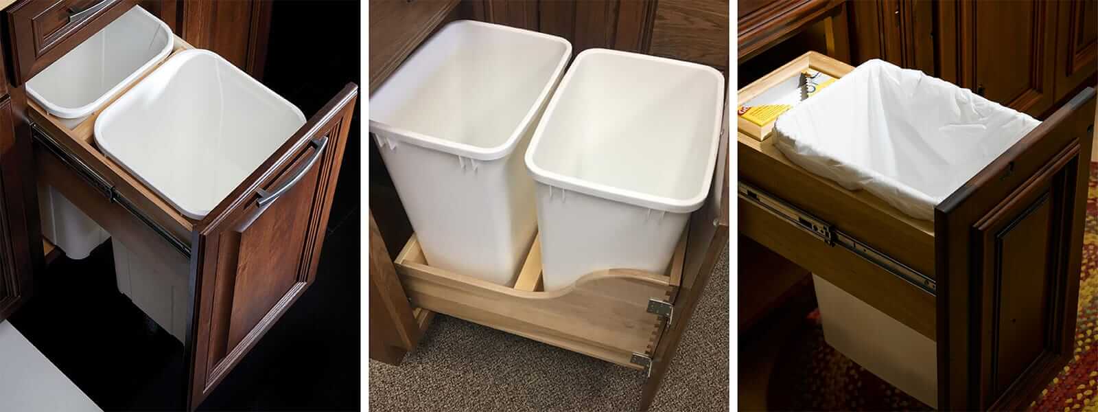 Kitchen recycling and trash bin storage options.