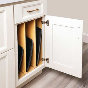 Bertch's Base Tray Divider Cabinet provides a convenient and organized vertical tray, pan, or cutting board storage in a base cabinet.