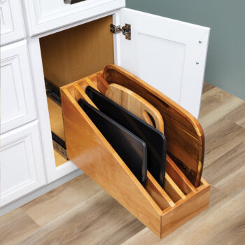 Trays, Pans, and cutting boards can be stored in a roll-out Tray Divider Pull-Out for practical and convenient use of space in a base cabinet.