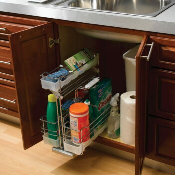 his wire roll-out features a removable caddy to optimize storage under the sink area and around the plumbing fixtures.