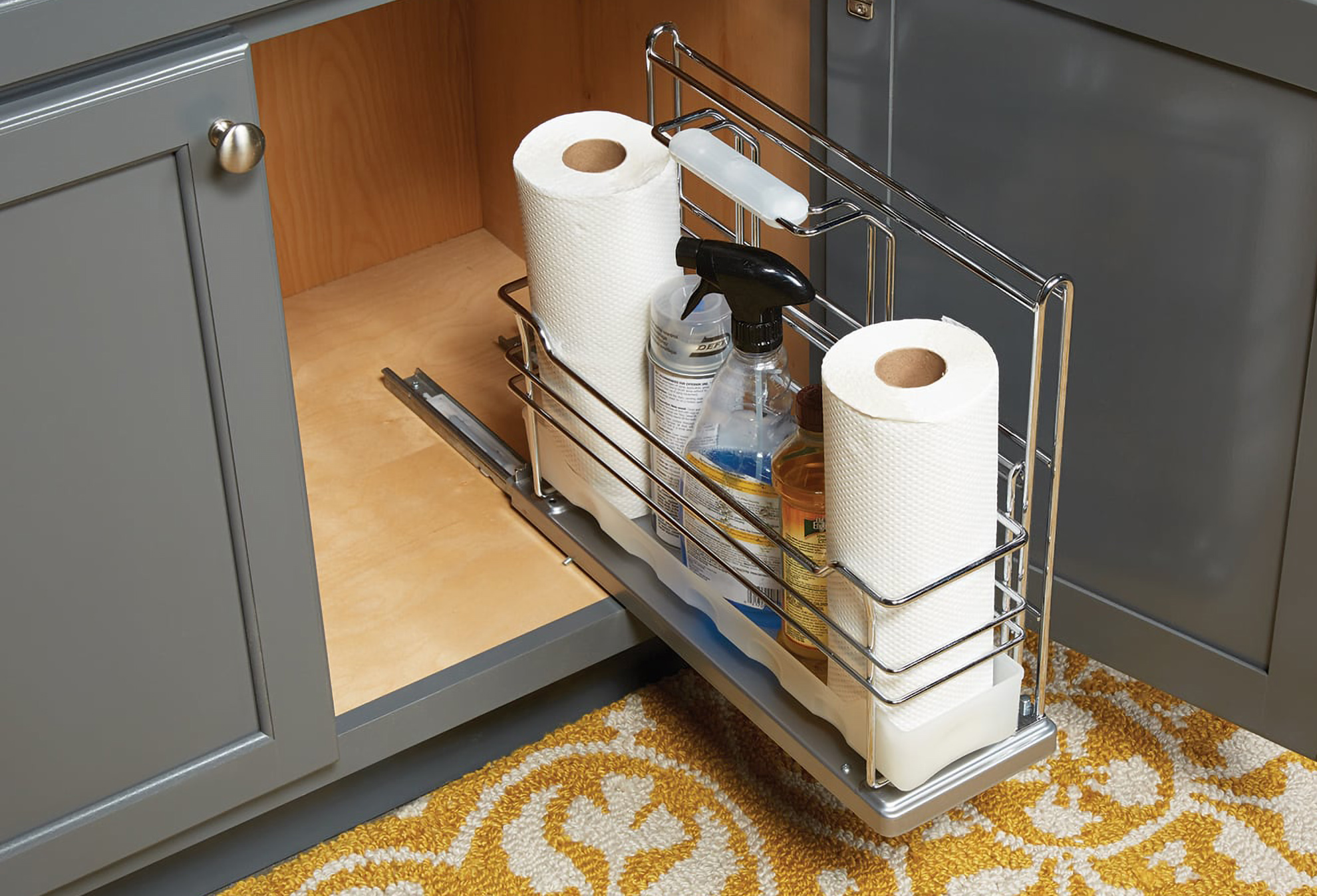 A pull-out organizer for bathroom cabinets.