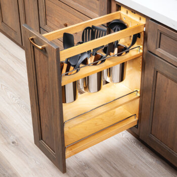 Bertch Cabinet's Base Pull-Out Utensil Bin cabinet storage accessory keeps frequently used utensils close at hand with shelf storage below.