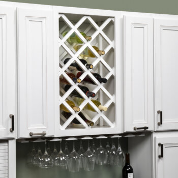 Our Wine Wall Combo (Lattice Style) is a built-in vineyard inspired wine rack. Add a stemware holder below to display your steamware.