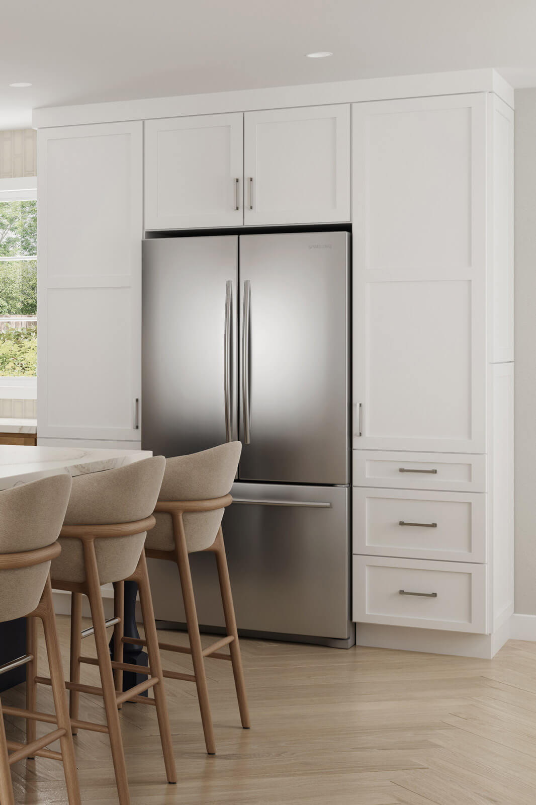 Bertch tall storage cabinets surrounding stainless steel fridge