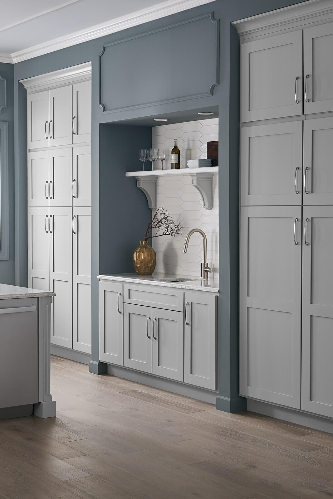 Bertch floor to ceiling tall cabinet storage, shown in Lexington door style; Loft on Paintable