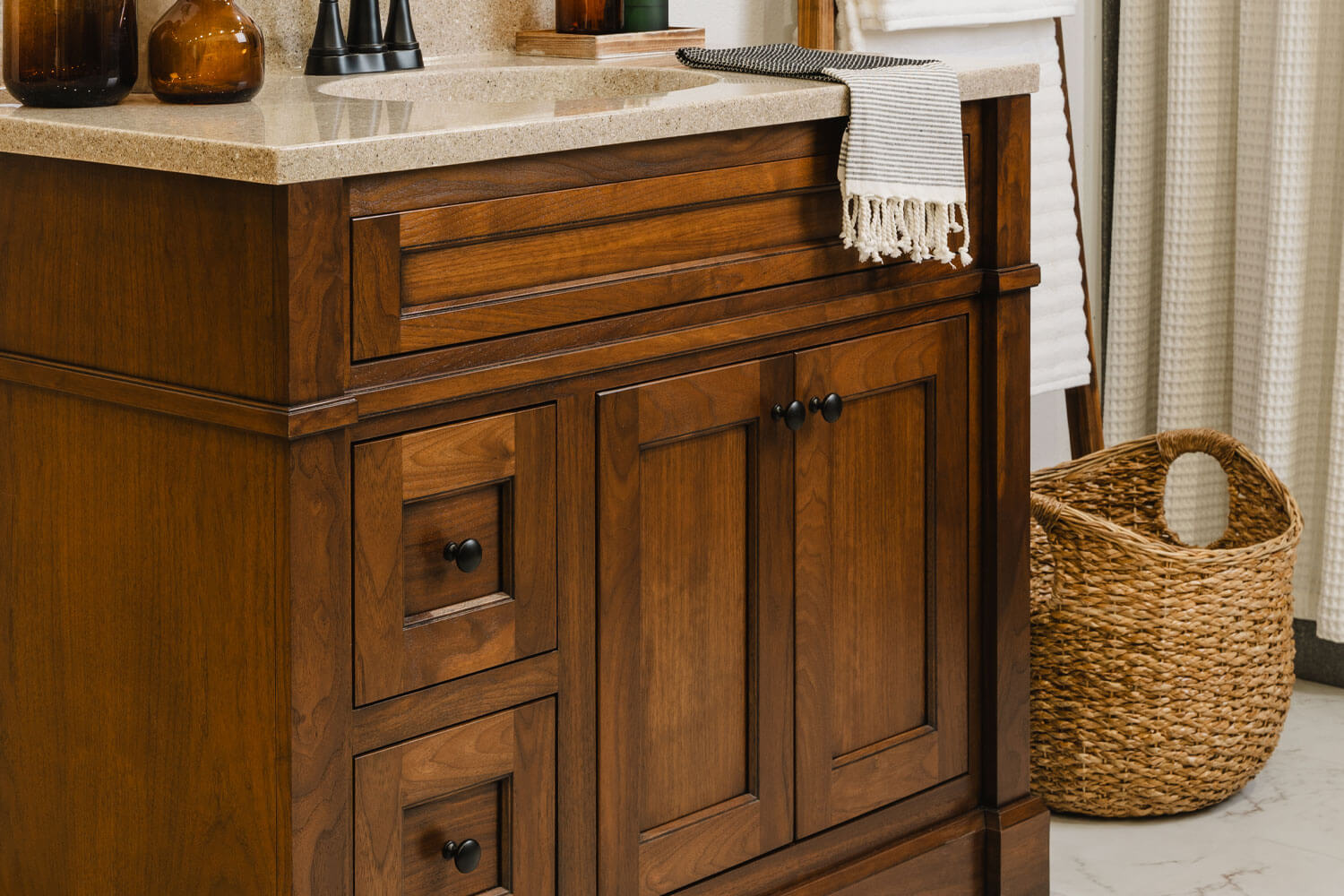 Handcrafted furniture style vanity, Avery, shown in Bistro glaze finish